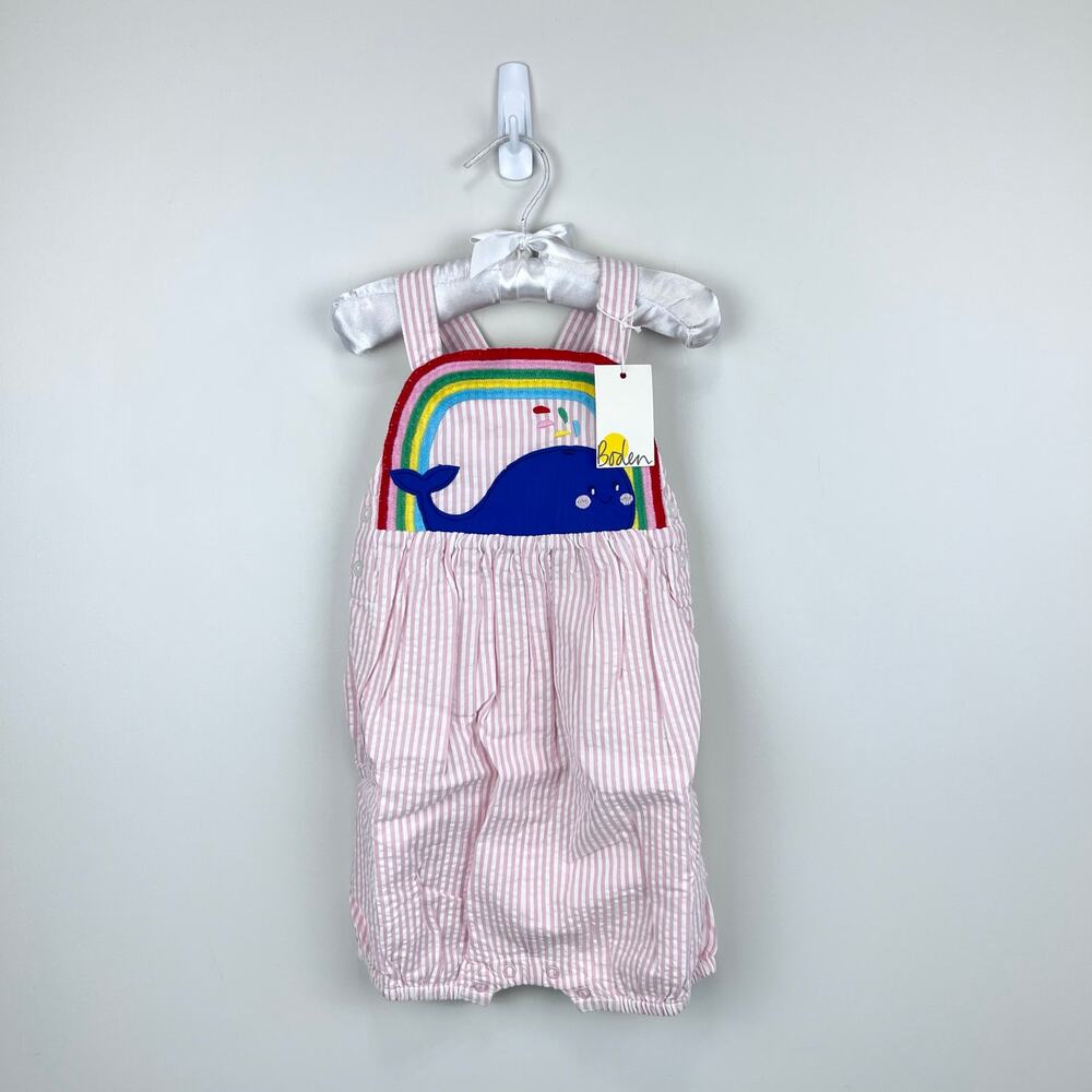 Mini Boden Appliqué Whale Woven Romper Ivory/Pink Ticking Whale 2-3 NWT